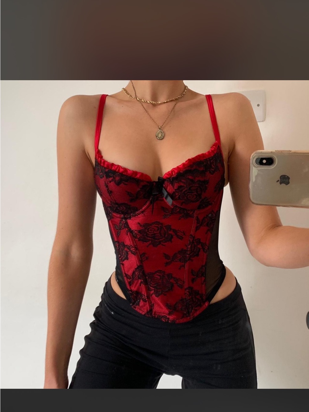 Red Floral Lace Corset Top